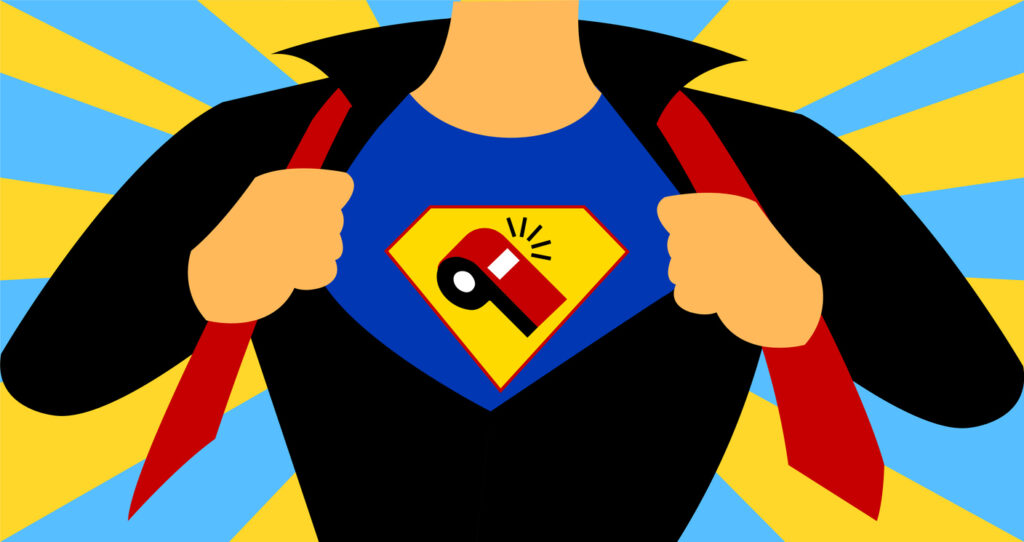 Whistle blower illustration, a person exposing his identity as whistle blower in superman style