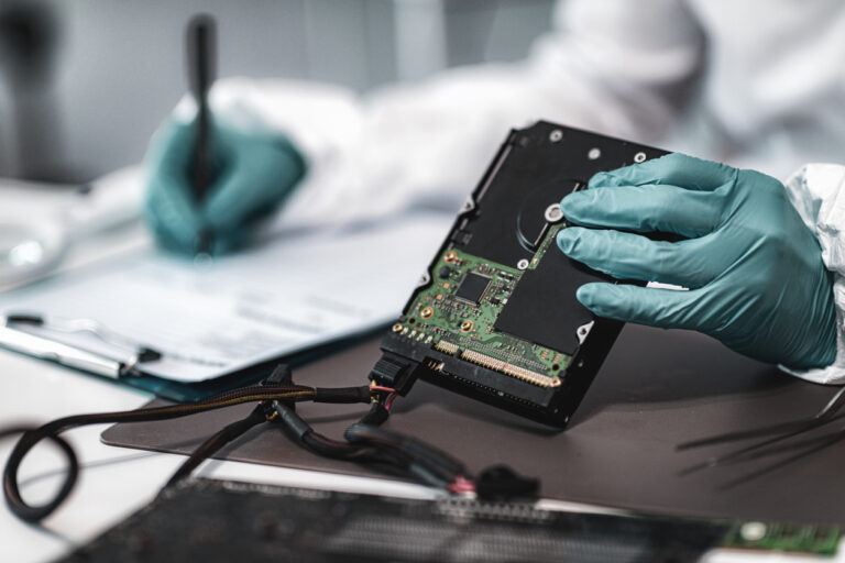 Geldwäsche Bekämpfung Forensic Science Investigator Examining Computer Hard Drive. Digital Forensic Science Concept.