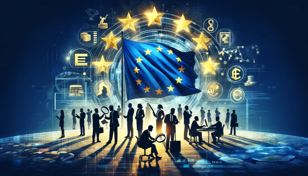 visualize the fight against money laundering in the European Union with a creative and symbolic representation. The image should include a large, shin