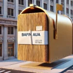 A close-up of a mailbox on a bank building in the city. A very thick envelope is sticking out of the mail slot. The envelope is labeled 'BaFin AuA' wi