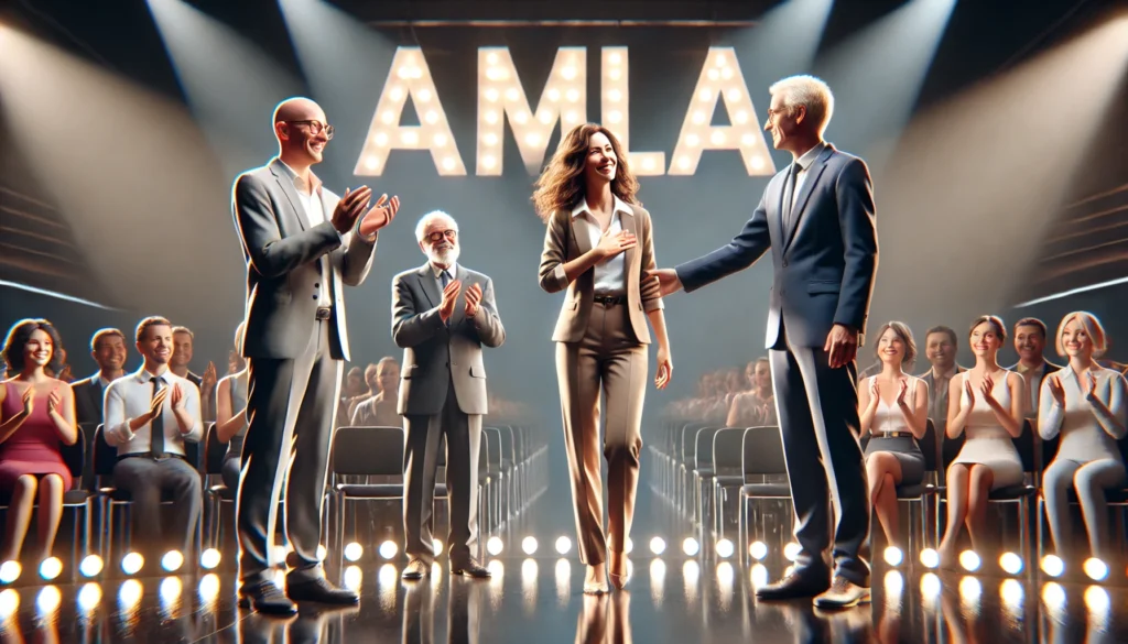A photorealistic scene of a talent show stage in a 16_9 aspect ratio. Three contestants are standing in the center_ a bald man on the left, an older m