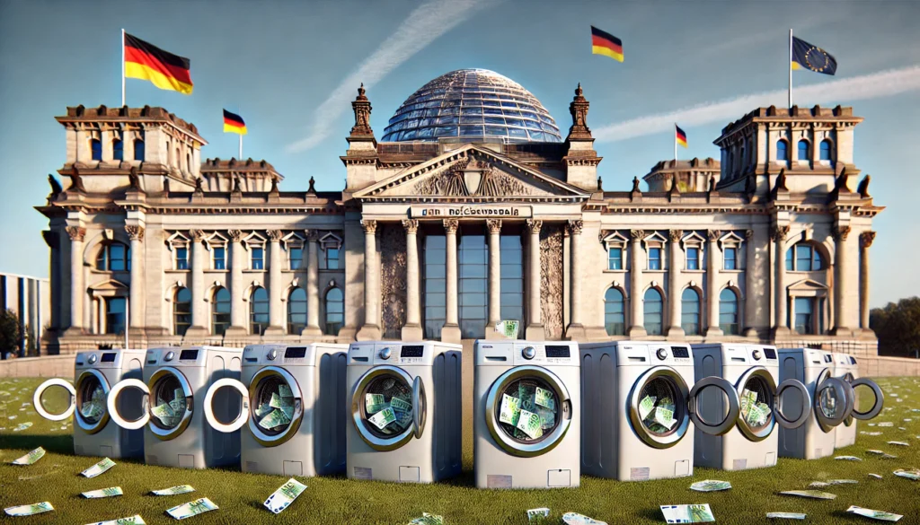 A photorealistic depiction of the German Reichstag in Berlin with its iconic glass dome, set on a clear day. On the lawn in front of the Reichstag, th