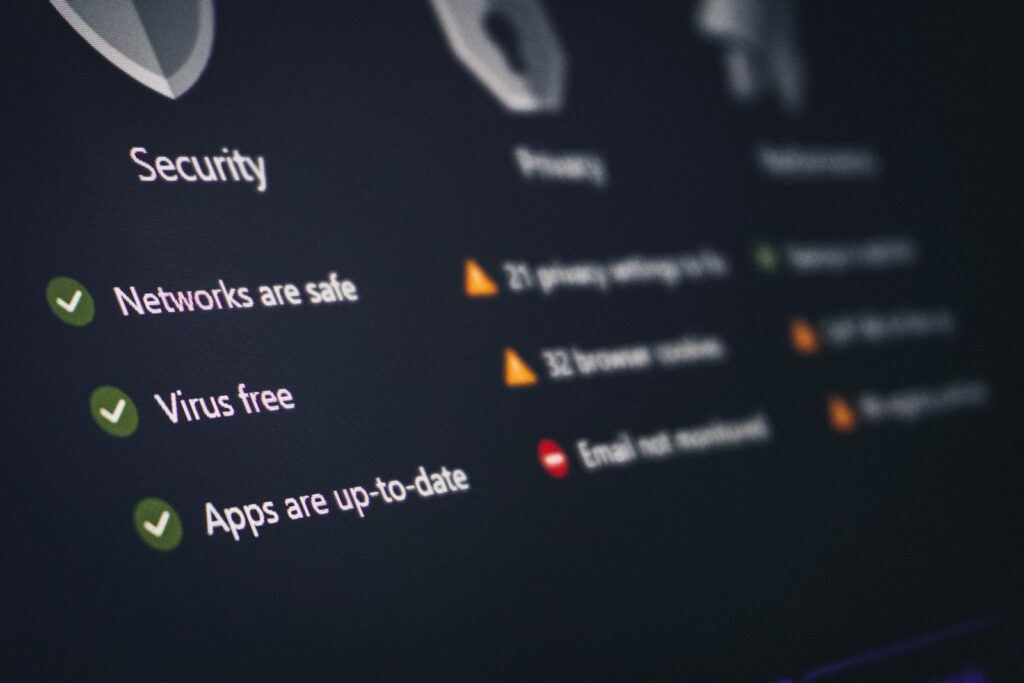 A security and privacy dashboard with its status.